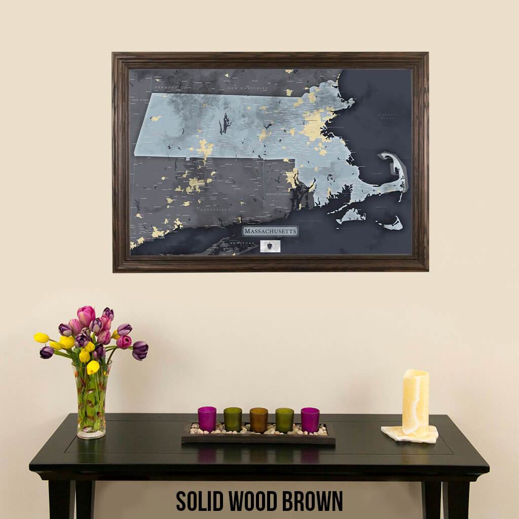 Push Pin Travel Maps Massachusetts Slate Travel Map Traditional Solid Wood Brown Frame