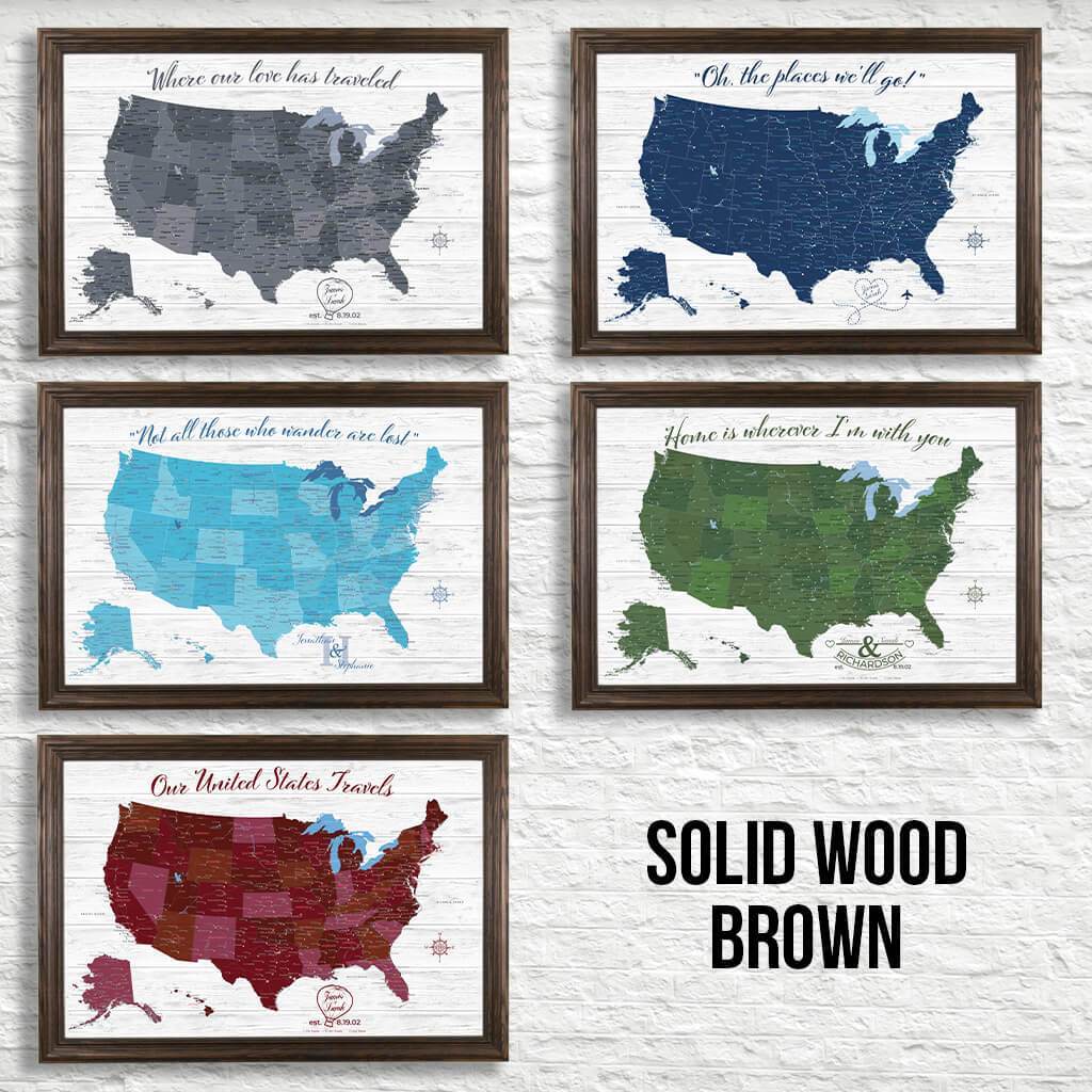 Anniversary Canvas Maps in Solid Wood Brown Frame