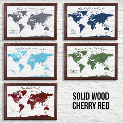 Canvas Anniversary World Map Color Options in Solid Wood Cherry Frame