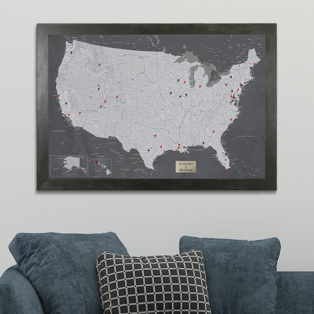 Stormy Dreams USA Push Pin Travel Map in Rustic Black Frame