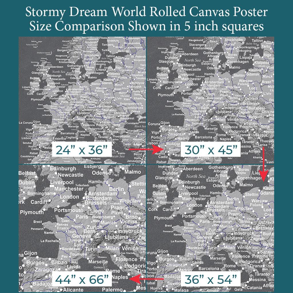 Font Size Comparison of Europe on 4 Poster Sizes