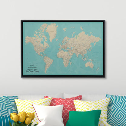 Black Float Frame - 24x36 Gallery Wrapped Teal Dream World Push Pin Travel Map