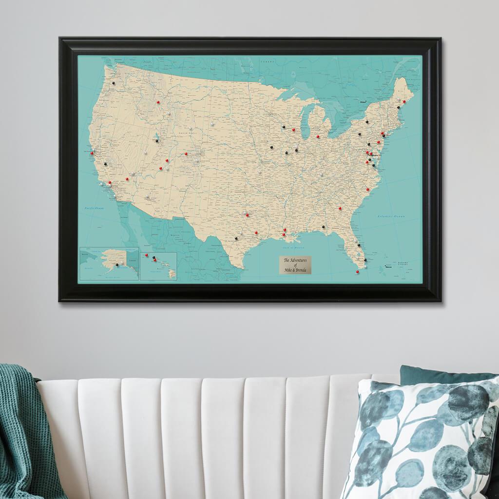 Teal Dream USA Push Pin Travel Map with Black Frame