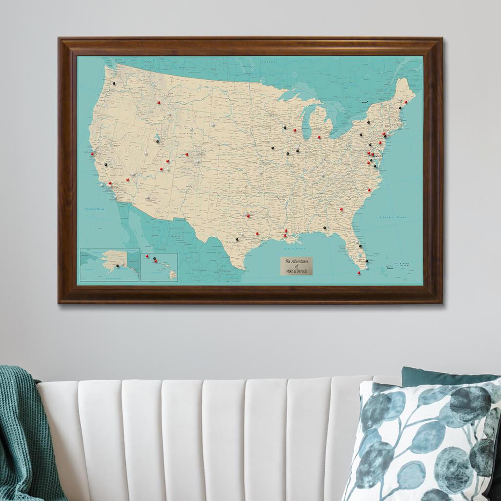 Teal Dream USA Push Pin Map with Brown Frame