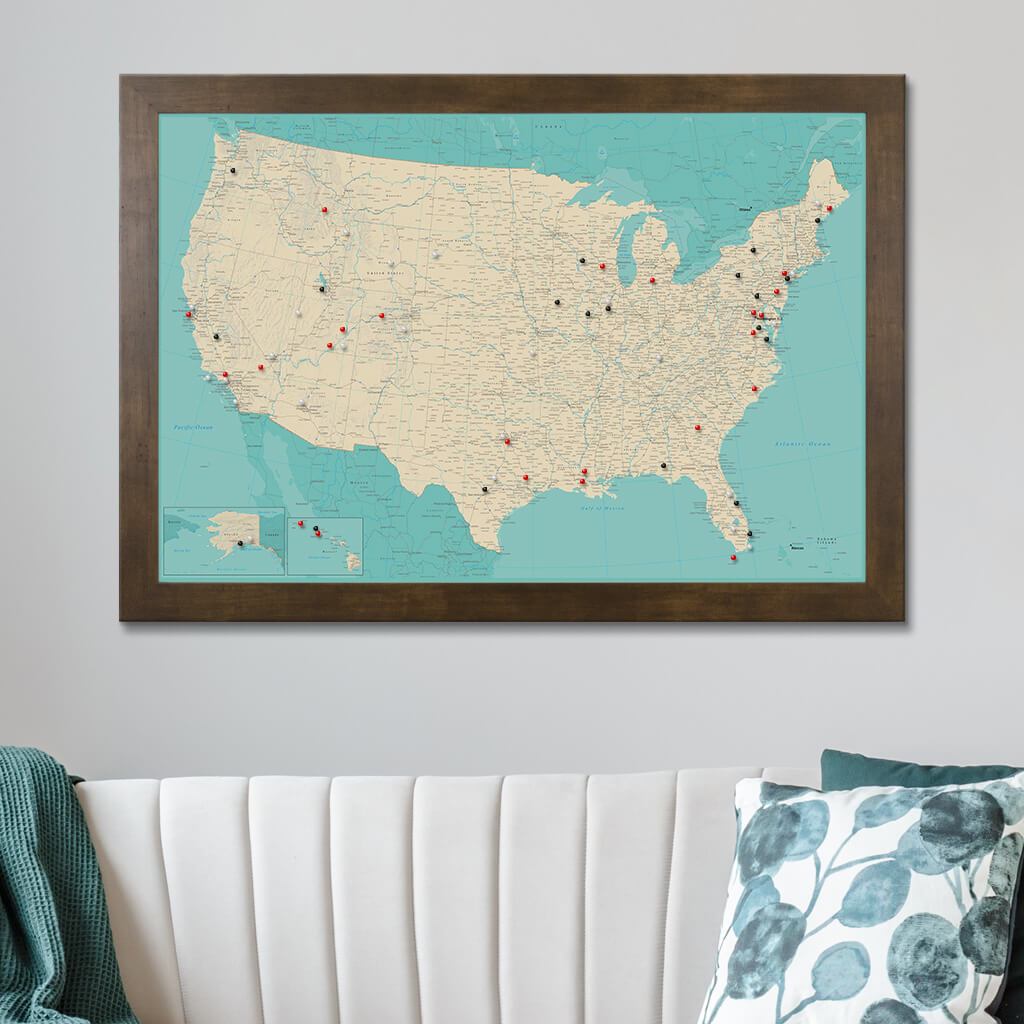 Teal Dream USA Push Pin Travel Map with Rustic Brown Frame