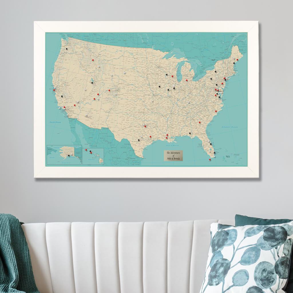 Teal Dream USA Push Pin Travel Map with Textured White Frame