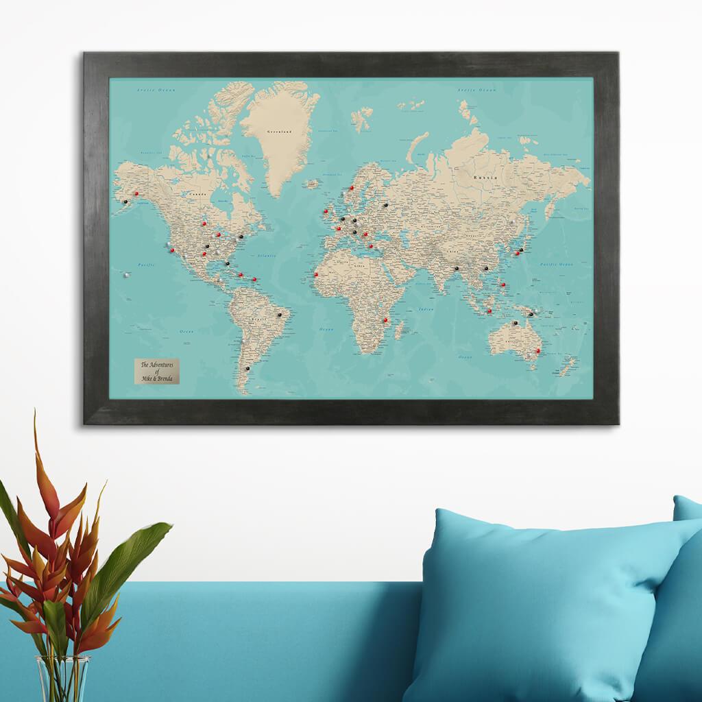 Teal Dream World Push Pin Travel Map