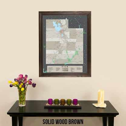 Earth Toned Utah State Pin Map Solid Wood Brown Frame