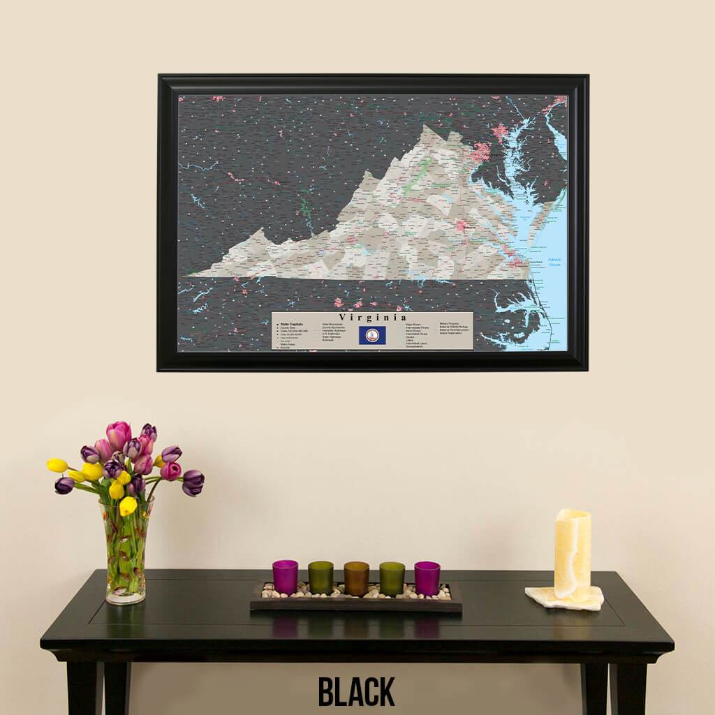 Earth Toned Virginia Travel Map with Pins Black Frame