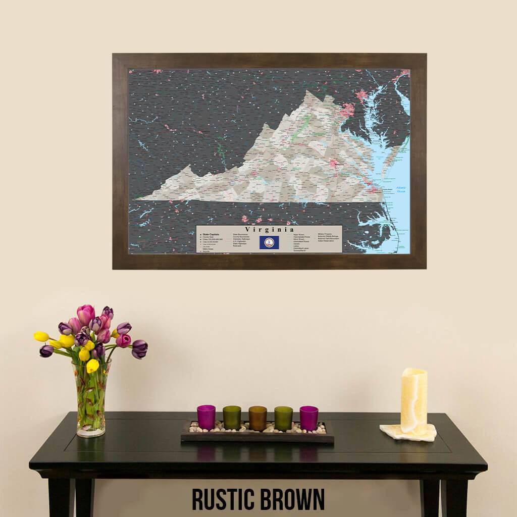 Earth Toned Virginia Travel Map with Pins Rustic Brown Frame