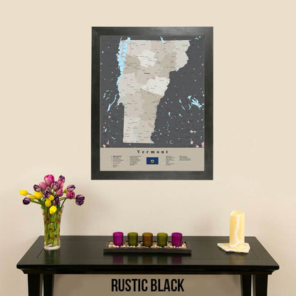 Earth Toned Vermont State Framed Map Rustic Black Frame