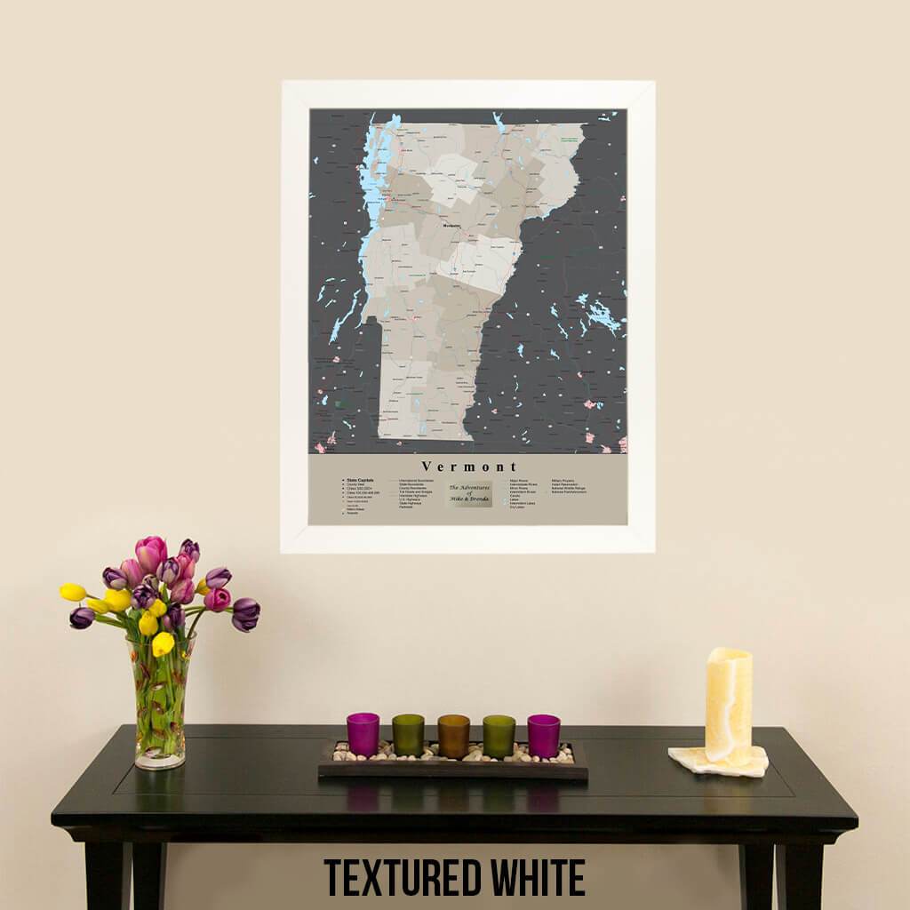 Earth Toned Vermont State Framed Map Textured White Frame