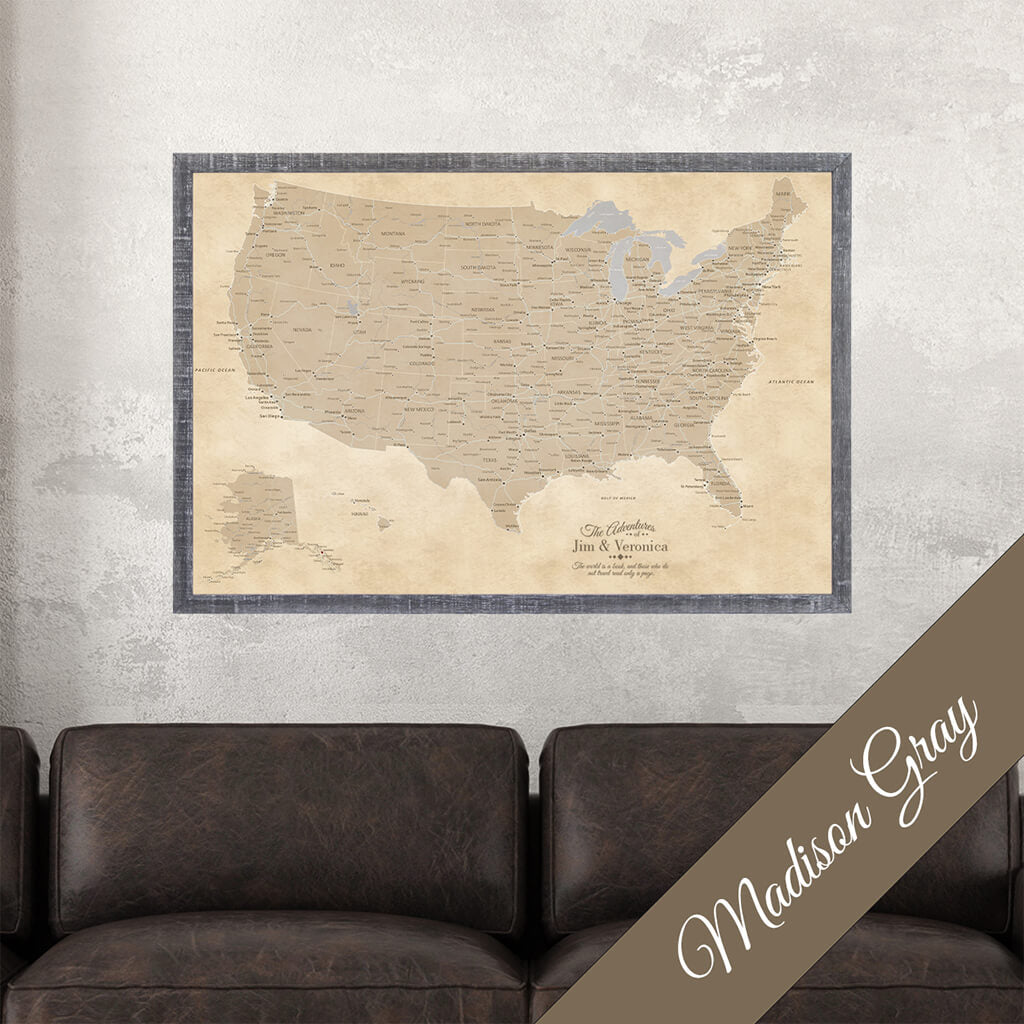 Canvas Vintage USA Pin Map for Travels in Premium Madison Gray Frame