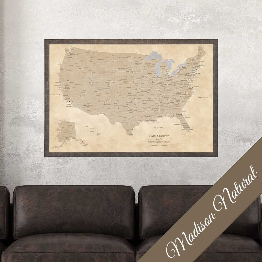Canvas Vintage USA Pin Map for Travels in Premium Madison Natural Brown Frame