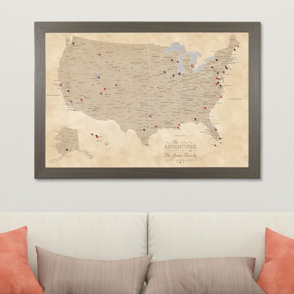 Canvas Vintage USA Wall Map for Travelers in Barnwood Gray Frame