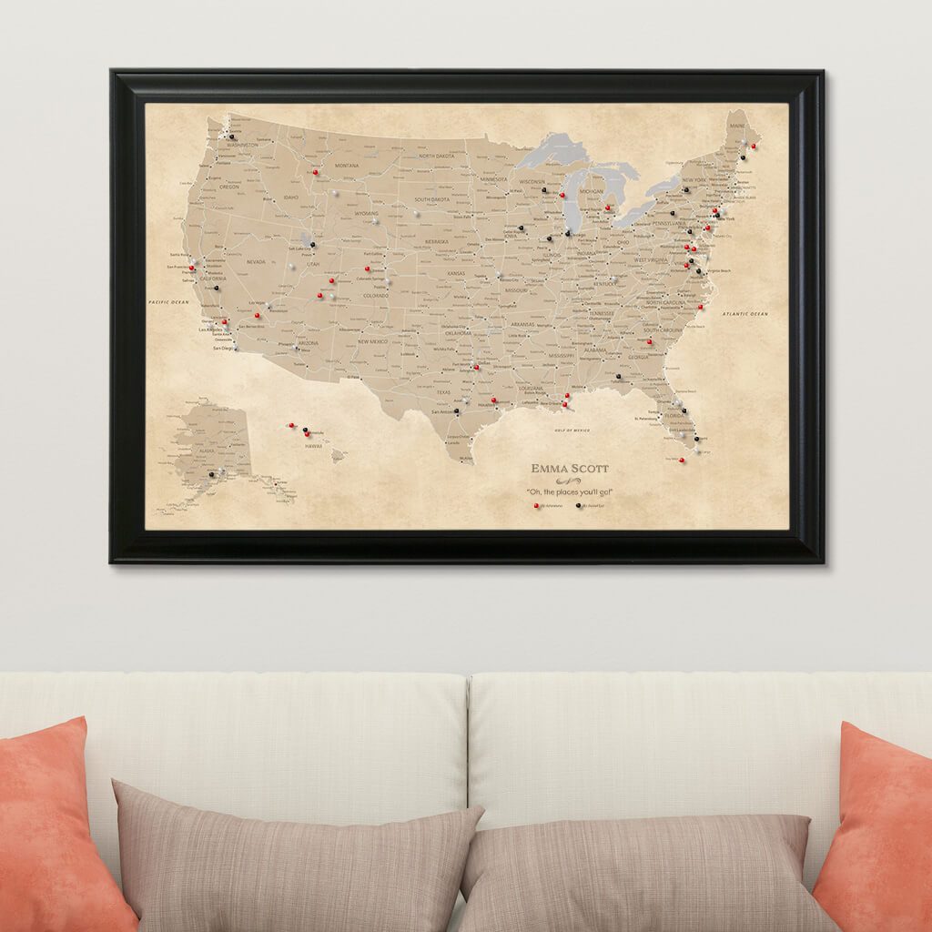 Canvas Vintage USA Pin Map for Travelers in Black Frame