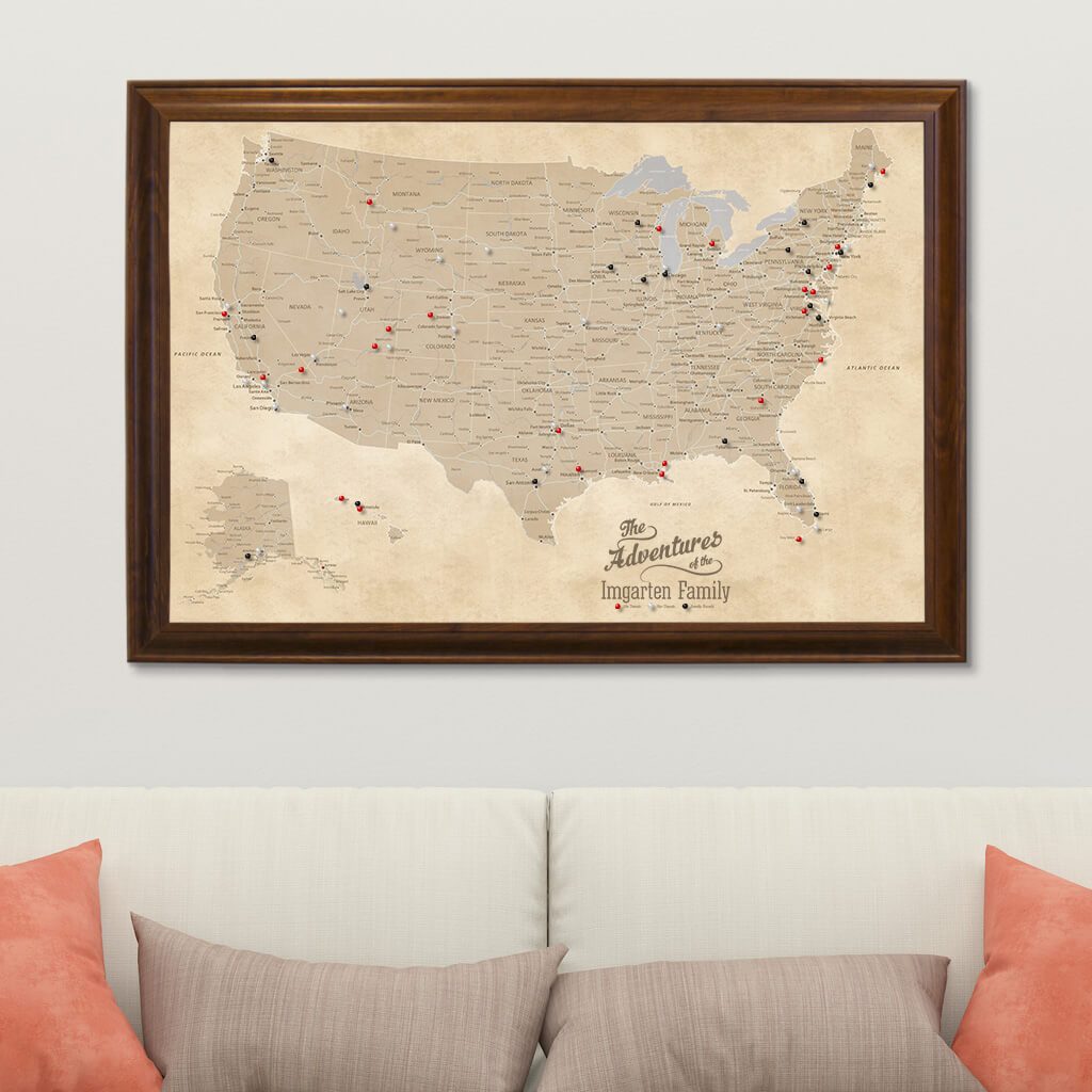 Canvas Vintage USA Pin Map for Travelers in Brown Frame