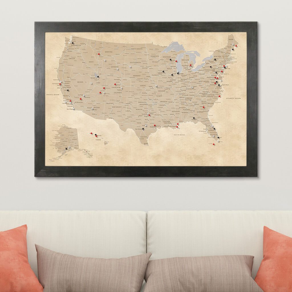 Canvas Vintage USA Wall Map for Travelers in Rustic Black Frame