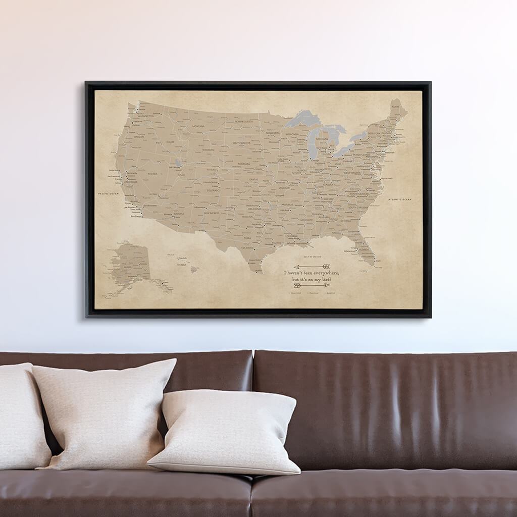 Black Float Frame - 24x36 Gallery Wrapped Vintage USA Map
