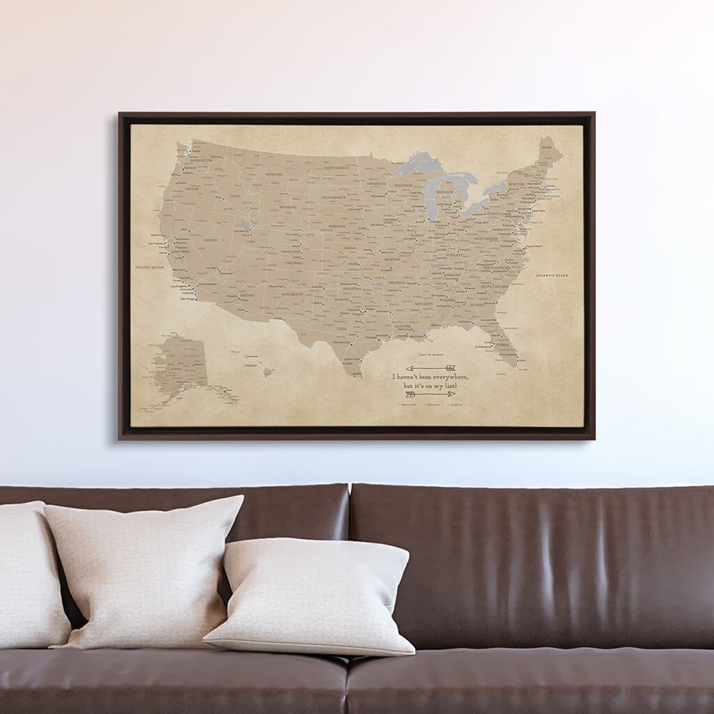 Brown Float Frame -24x36 Gallery Wrapped Vintage USA Map