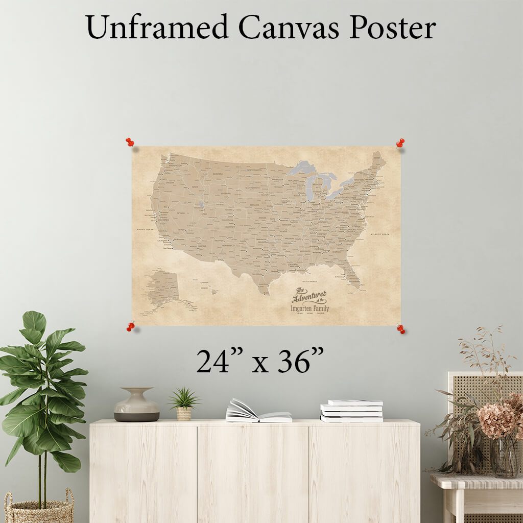 Vintage USA Map Canvas Poster 24 x 36