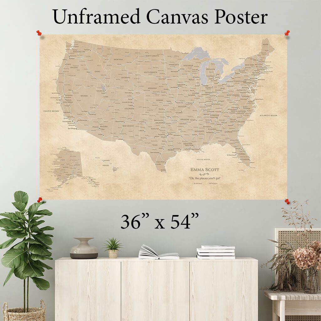 Vintage USA Map Canvas Poster 36 x 54