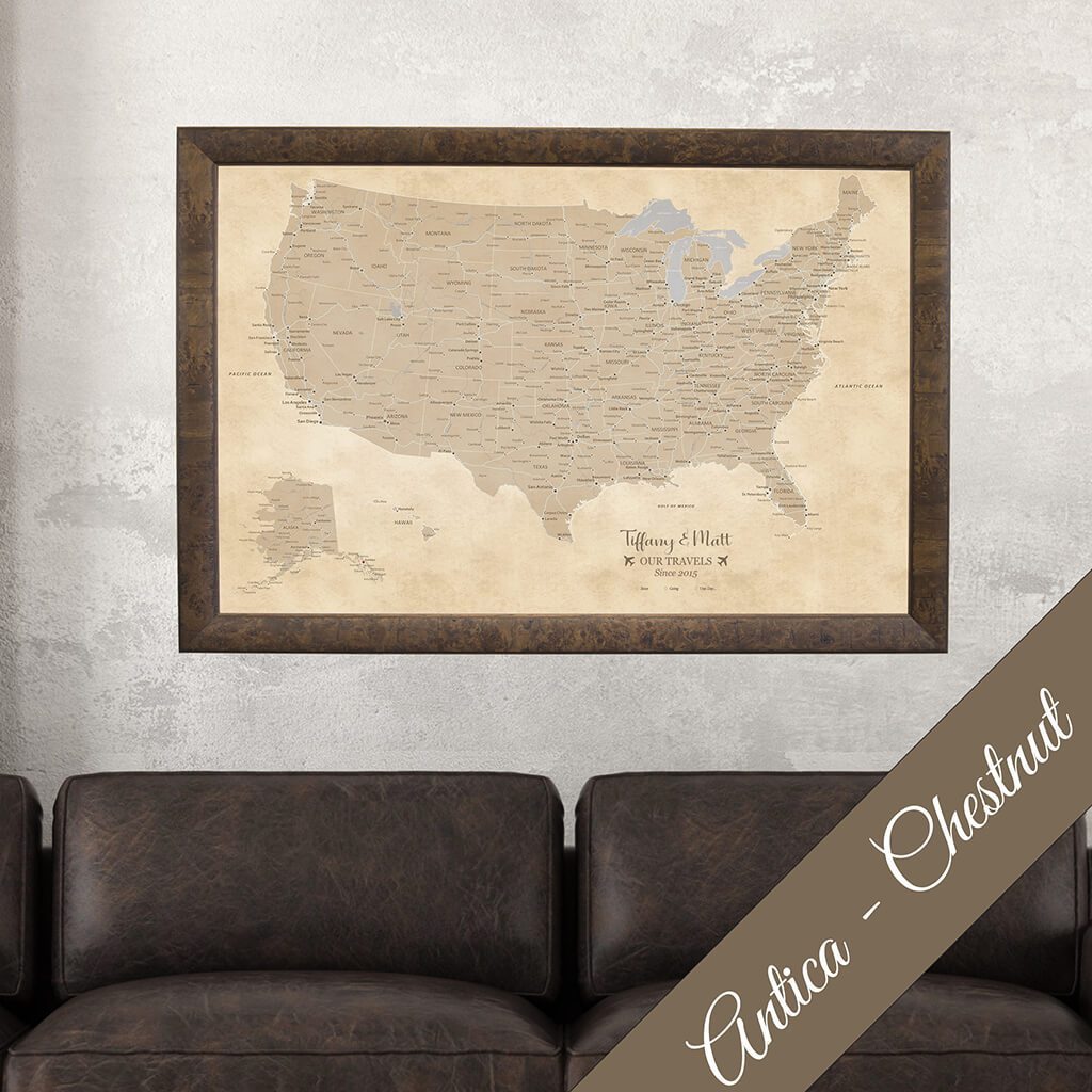 Canvas Vintage USA Pin Map for Travels in Antica Chestnut Frame