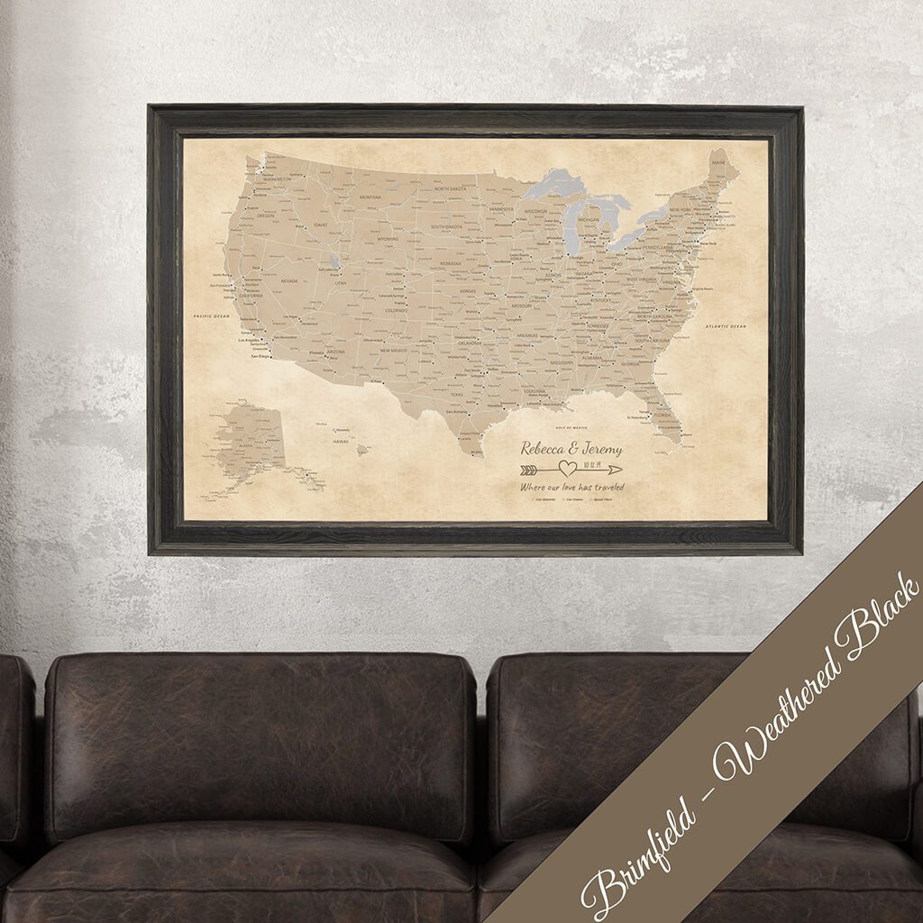 Canvas Vintage USA Pin Map for Travels in Premium Brimfield Black Frame