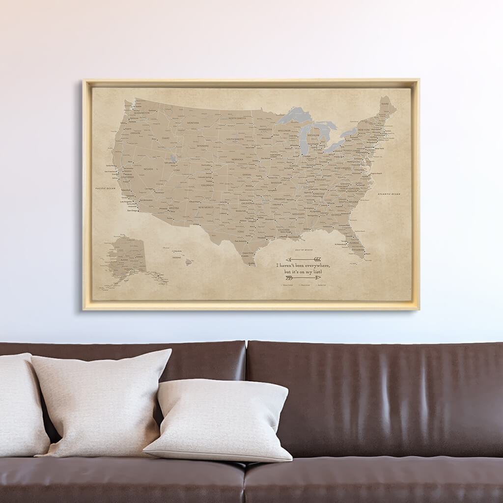 Natural Tan Float Frame - 24x36 Gallery Wrapped Vintage USA Map
