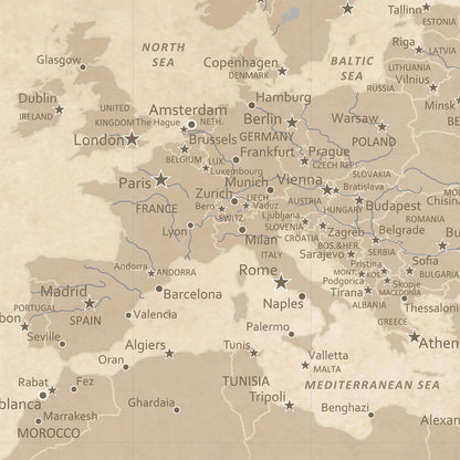 Closeup of Europe on Vintage World Map