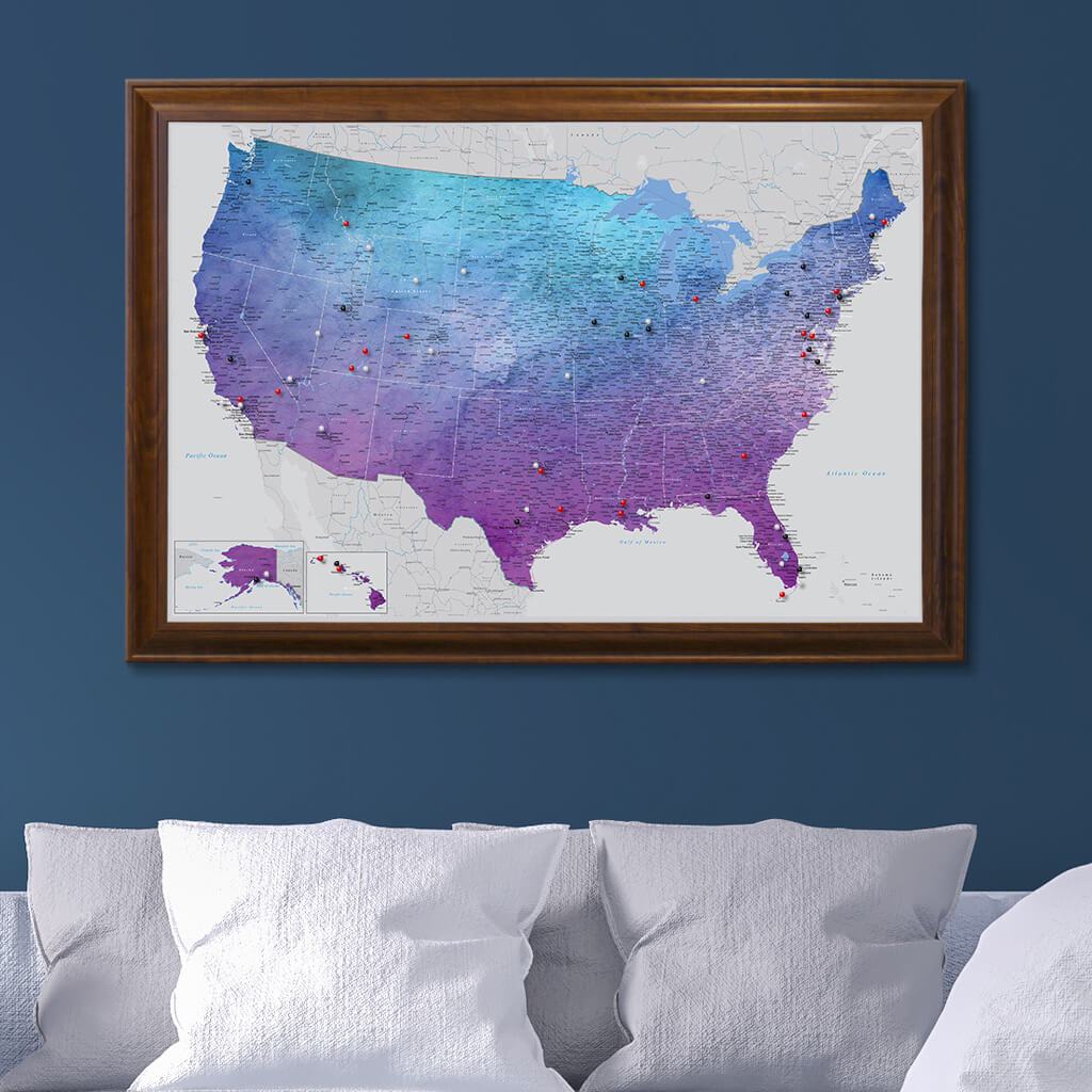 Vibrant Violet Watercolor USA Push Pin Travel Map in Brown Frame