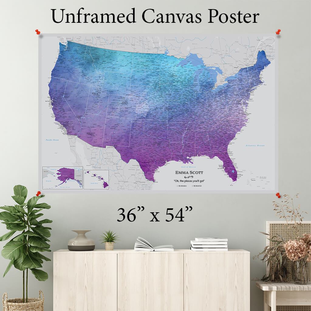 Vibrant Violet USA Canvas Poster Map 36 x 54