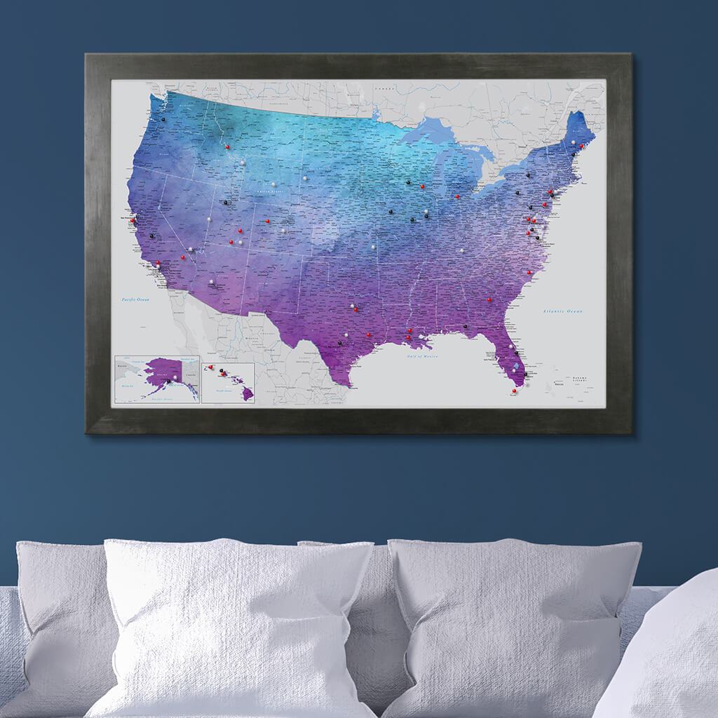 Vibrant Violet Watercolor USA Push Pin Travel Map with Rustic Black Frame