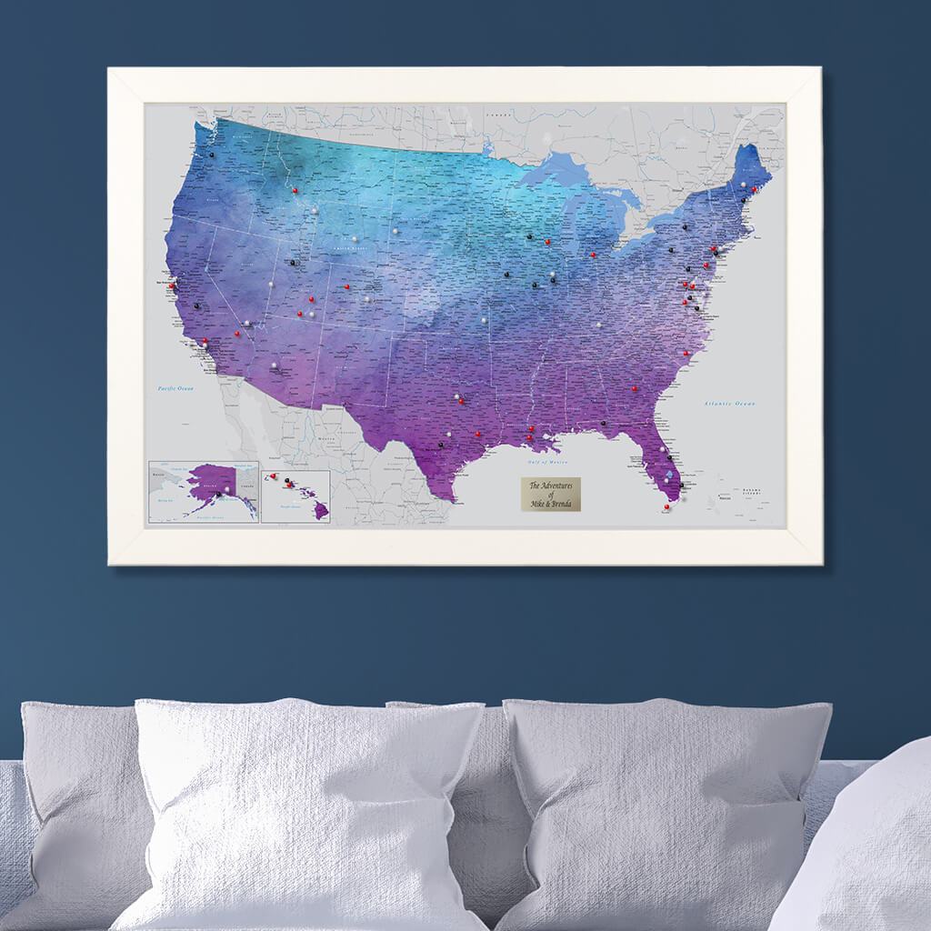 Vibrant Violet Watercolor USA Push Pin Travel Map with Pins