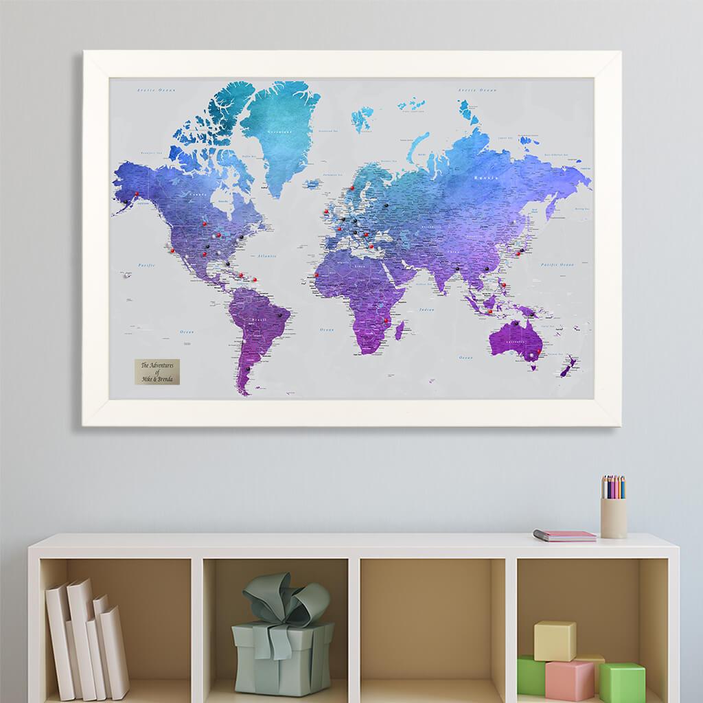 Vibrant Violet Watercolor World Push Pin Travel Map