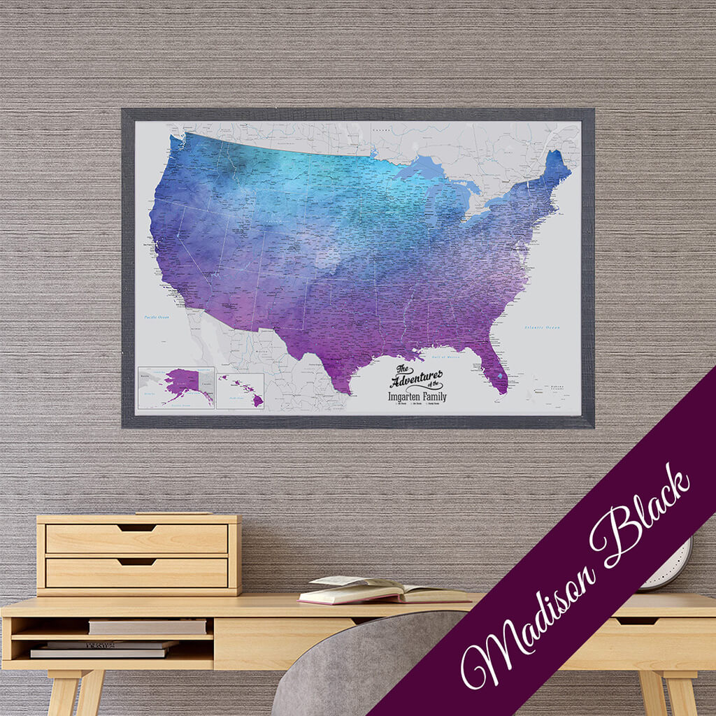 Canvas Vibrant Violet Watercolor USA Map with Premium Madison Black Frame