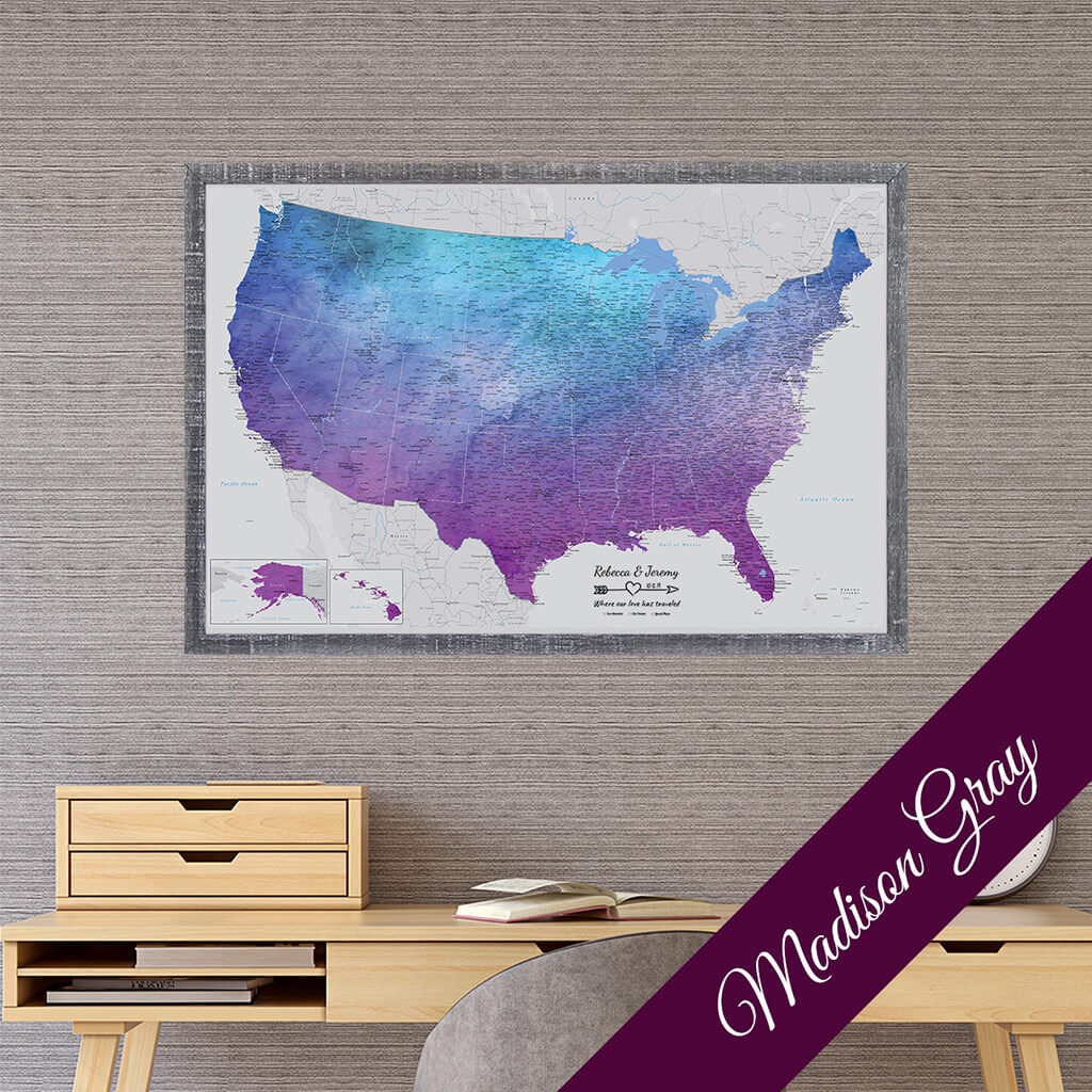 Canvas Vibrant Violet Watercolor USA Map with Premium Madison Gray Frame