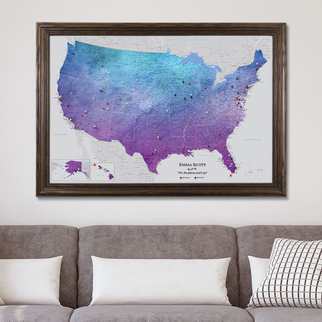 Canvas Vibrant Violet Watercolor USA Map Solid Wood Brown