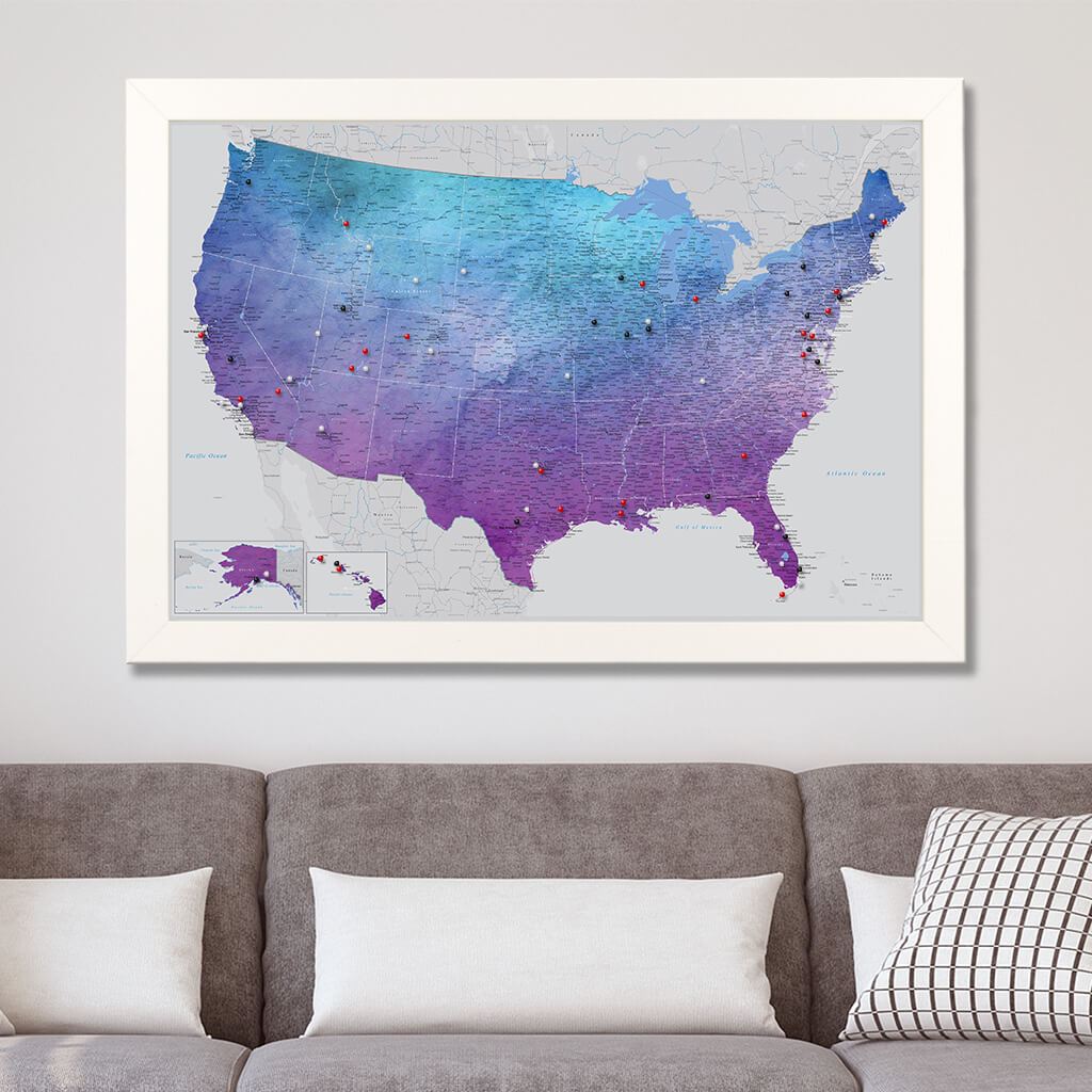 Canvas Vibrant Violet Watercolor USA Map with Textured White Frame