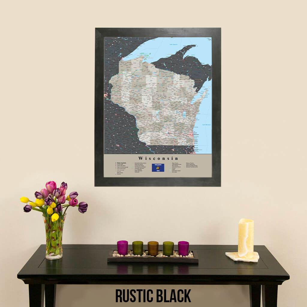 Earth Toned Wisconsin Travel Map with Pins Rustic Black Frame