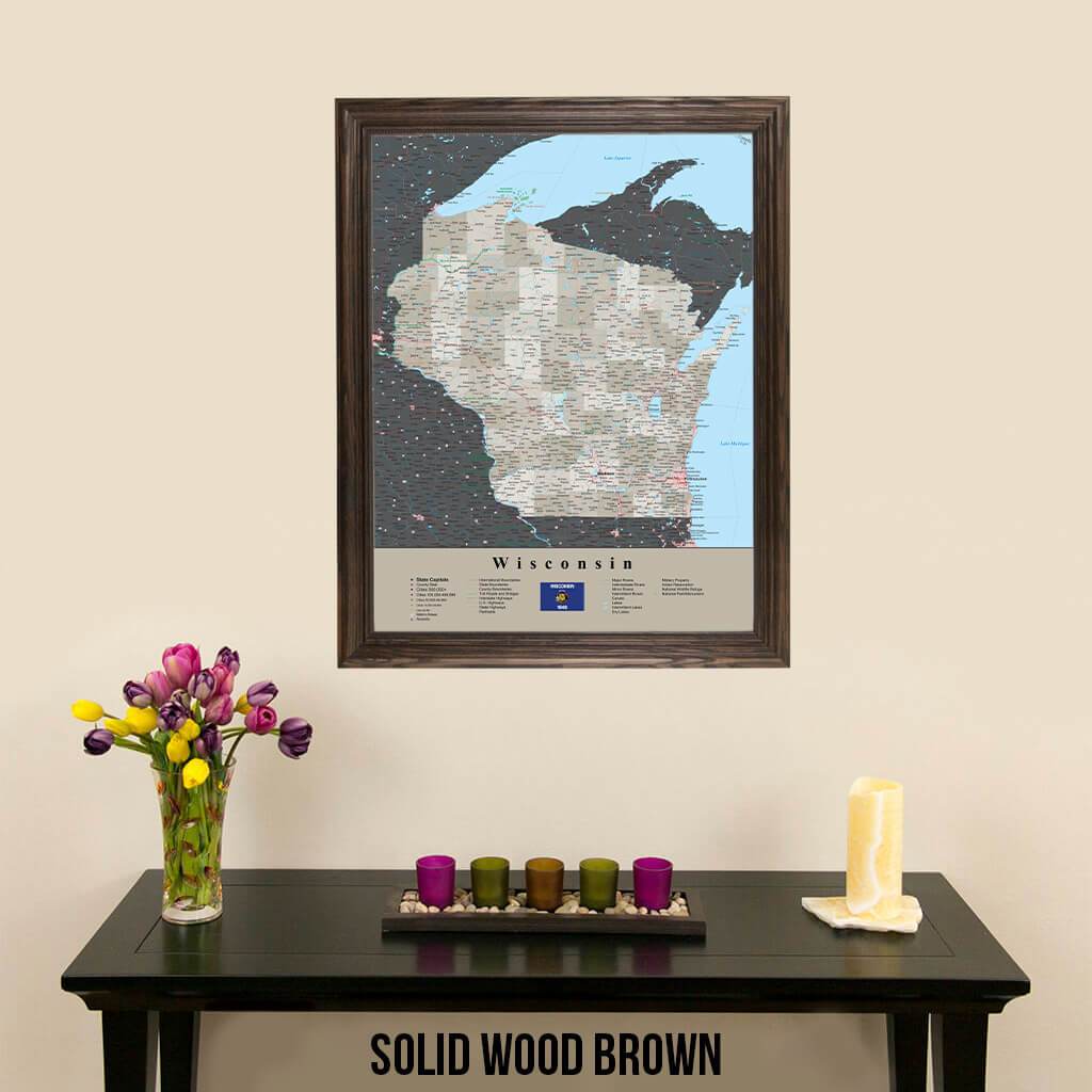 Earth Toned Wisconsin Travel Map with Pins Solid Wood Brown Frame