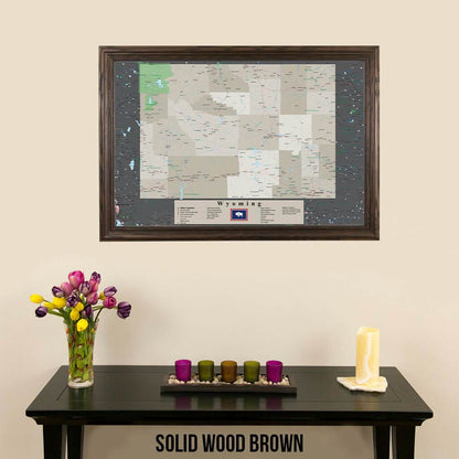 Framed Earth Toned Pin Map of Wyoming Solid Wood Brown Frame