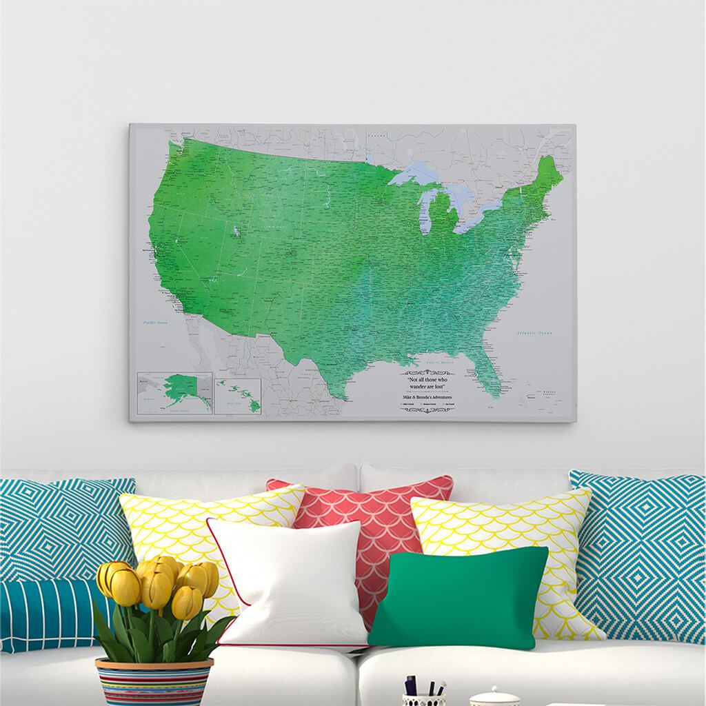 24x36 Gallery Wrapped Canvas Enchanting Emerald Watercolor USA Map