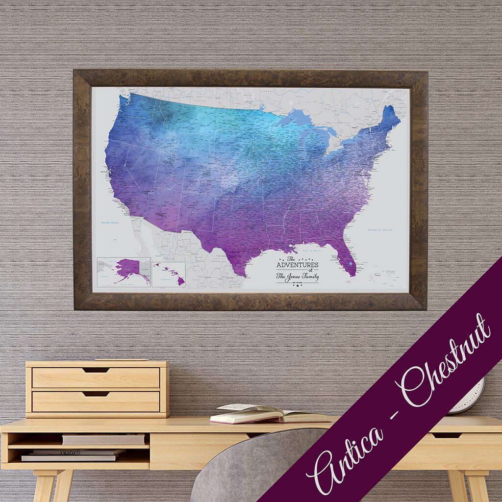 Canvas Vibrant Violet Watercolor USA Map with Antica Chestnut Frame