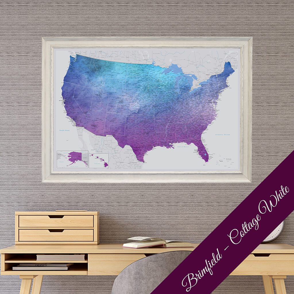 Canvas Vibrant Violet Watercolor USA Map with Premium Brimfield Cottage White Frame