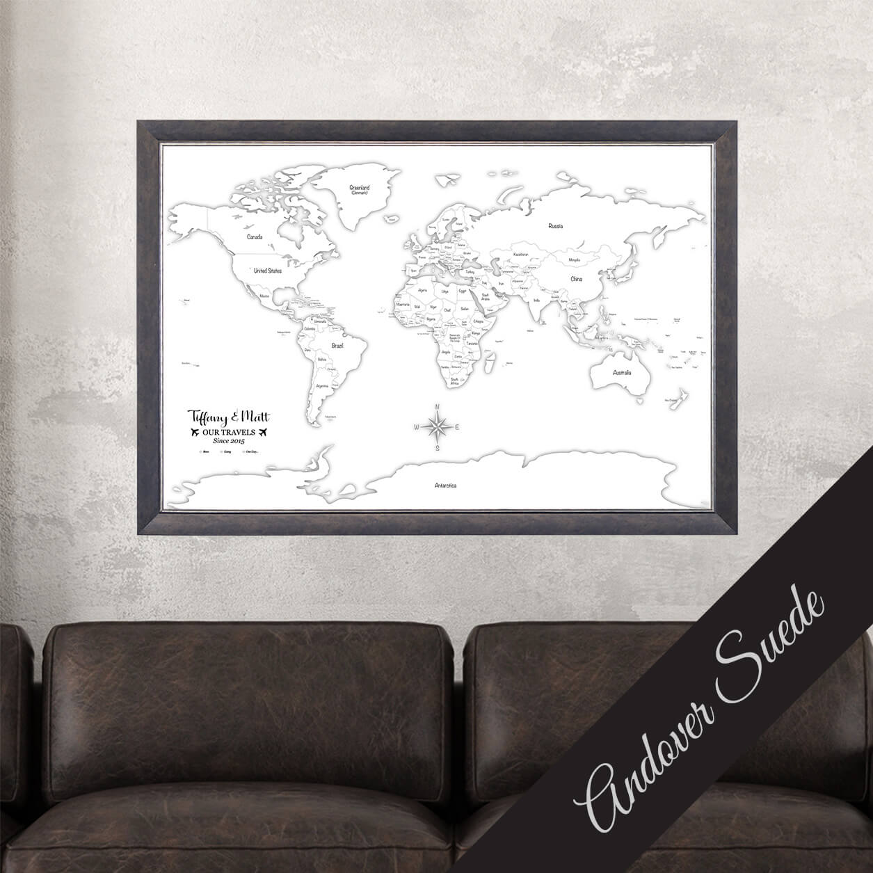 Canvas Black & White Hand-Drawn Illustrative World Map with Pins with Andover Suede Frame