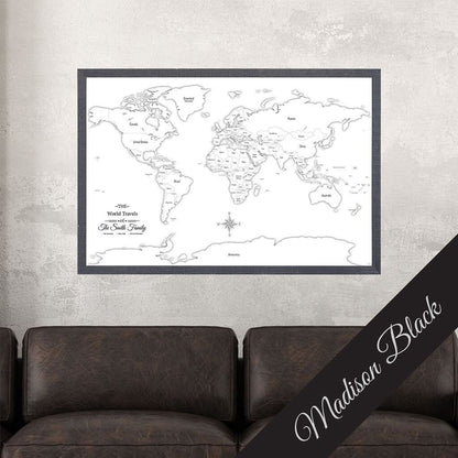 Canvas Black & White World Map with Pins in Madison Black Frame