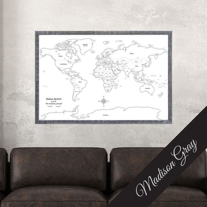 Canvas Black & White World Map with Pins in Madison Gray Frame