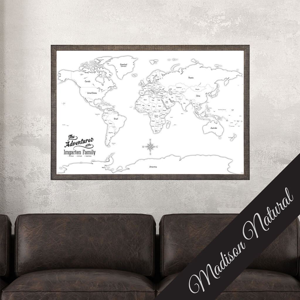 Canvas Black & White World Map with Pins in Madison Natural Brown Frame