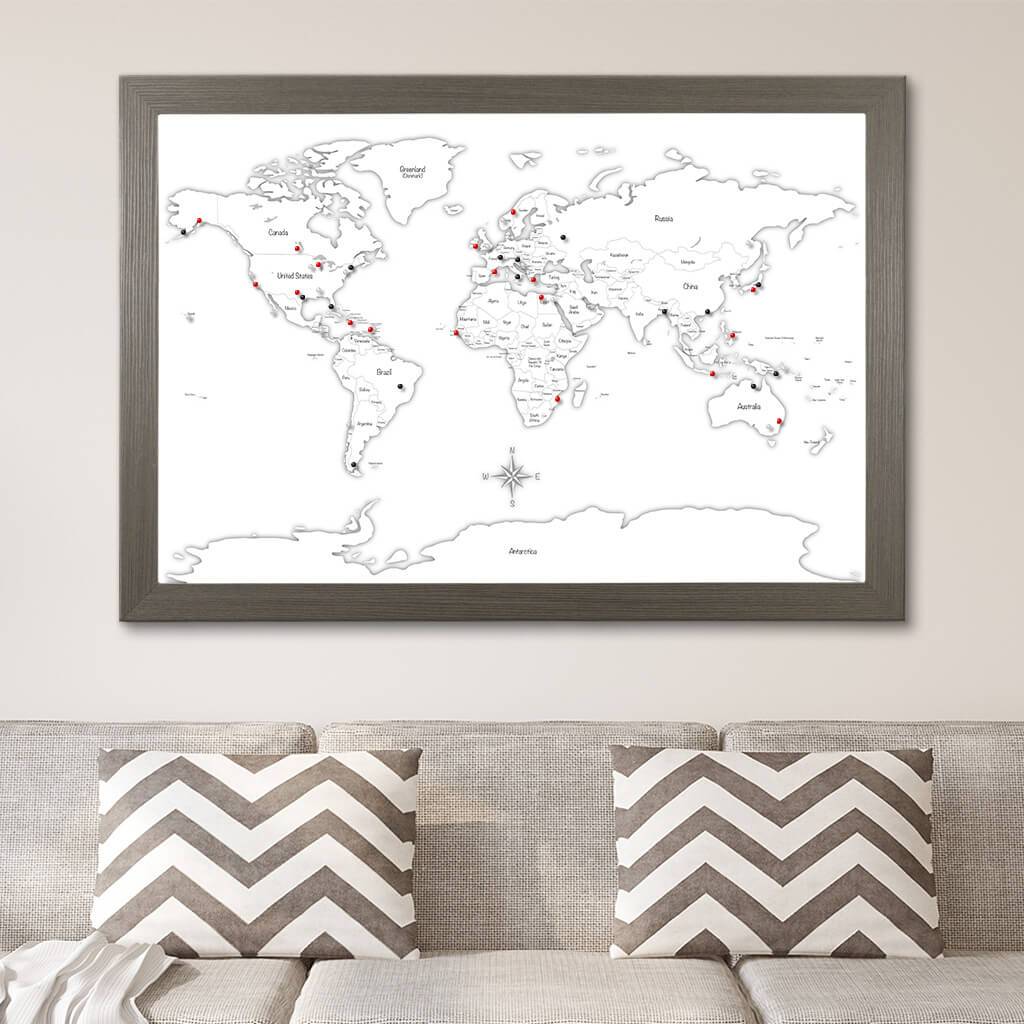 Black & White Hand-Drawn Illustrative World Map with Pins in Barnwood Gray